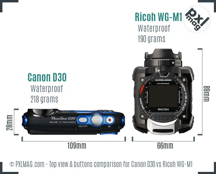 Canon D30 vs Ricoh WG-M1 top view buttons comparison