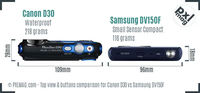 Canon D30 vs Samsung DV150F top view buttons comparison