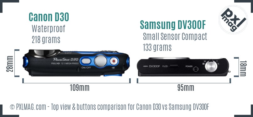 Canon D30 vs Samsung DV300F top view buttons comparison