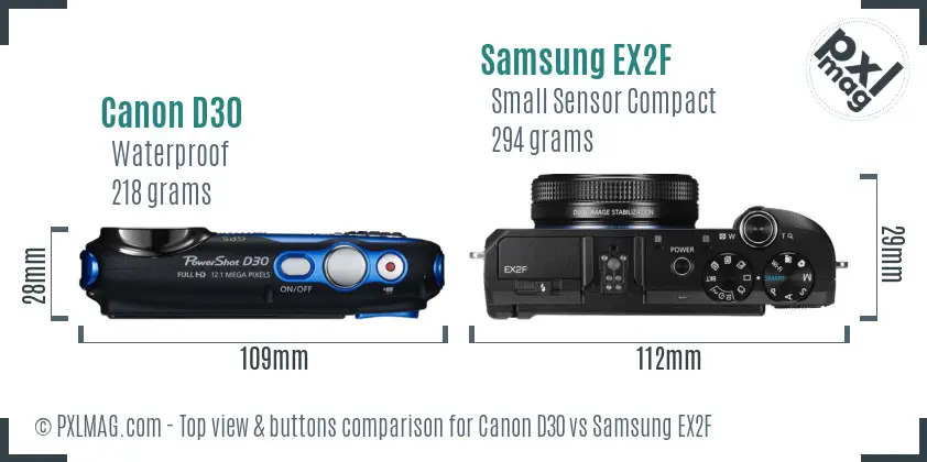 Canon D30 vs Samsung EX2F top view buttons comparison Canon D30 vs Samsung EX2F top view buttons comparison