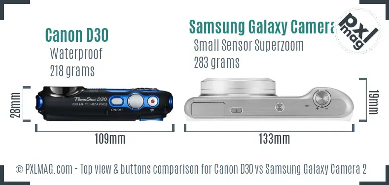 Canon D30 vs Samsung Galaxy Camera 2 top view buttons comparison Canon D30 vs Samsung Galaxy Camera 2 top view buttons comparison