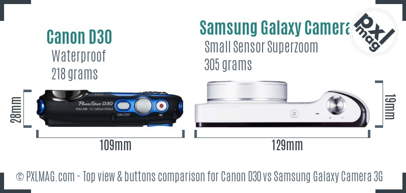 Canon D30 vs Samsung Galaxy Camera 3G top view buttons comparison