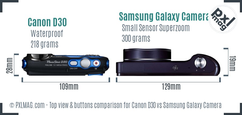 Canon D30 vs Samsung Galaxy Camera top view buttons comparison
