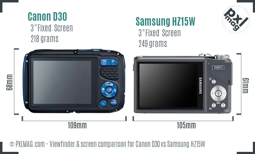Canon D30 vs Samsung HZ15W Screen and Viewfinder comparison