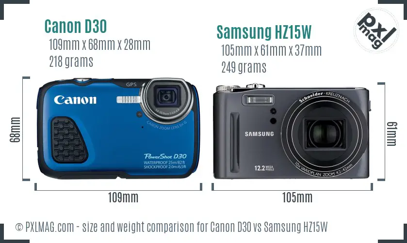 Canon D30 vs Samsung HZ15W size comparison