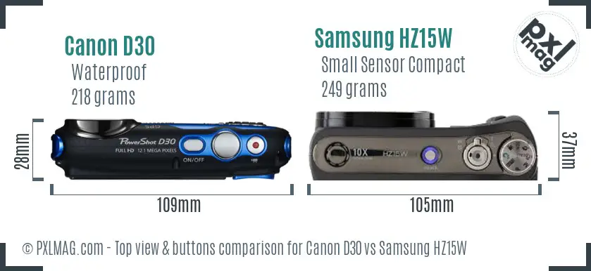 Canon D30 vs Samsung HZ15W top view buttons comparison