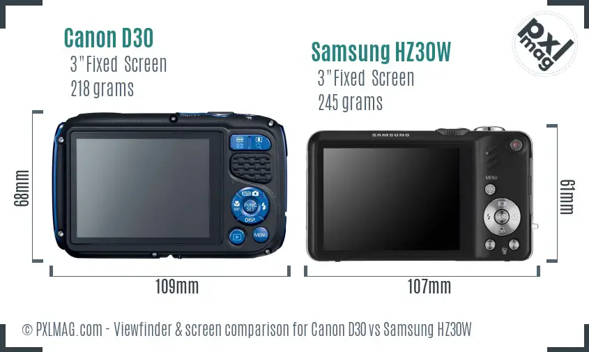 Canon D30 vs Samsung HZ30W Screen and Viewfinder comparison