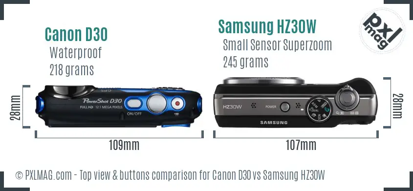 Canon D30 vs Samsung HZ30W top view buttons comparison