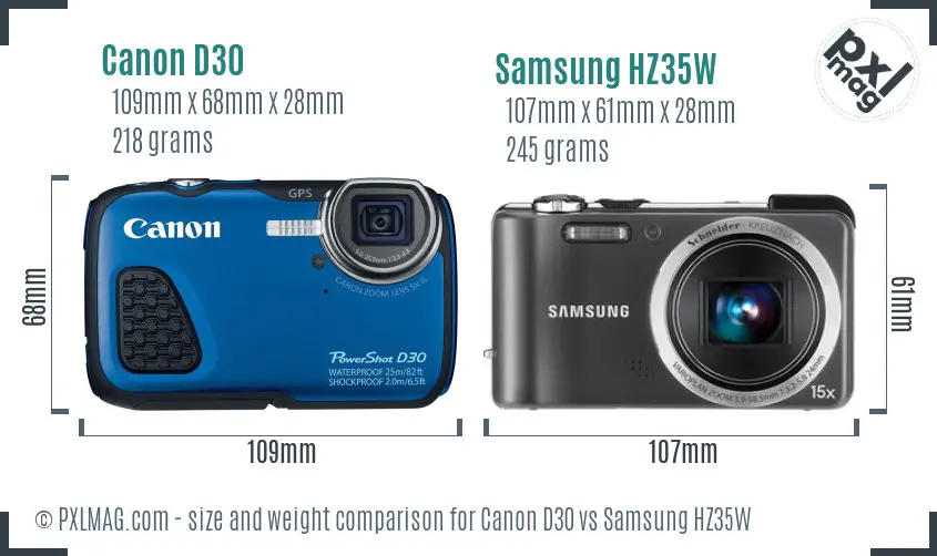 Canon D30 vs Samsung HZ35W size comparison