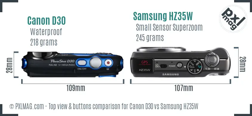 Canon D30 vs Samsung HZ35W top view buttons comparison