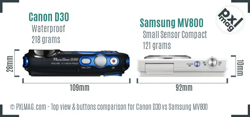 Canon D30 vs Samsung MV800 top view buttons comparison Canon D30 vs Samsung MV800 top view buttons comparison