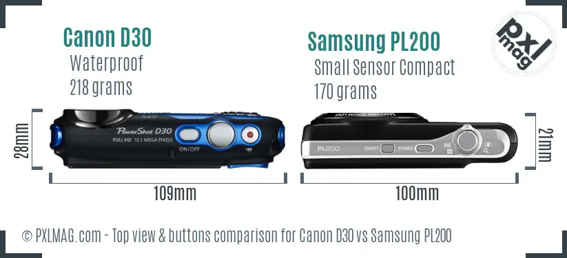 Canon D30 vs Samsung PL200 top view buttons comparison