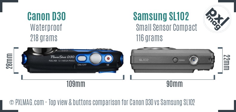 Canon D30 vs Samsung SL102 top view buttons comparison