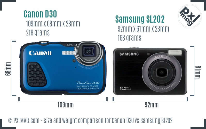 Canon D30 vs Samsung SL202 size comparison
