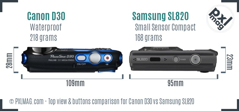Canon D30 vs Samsung SL820 top view buttons comparison