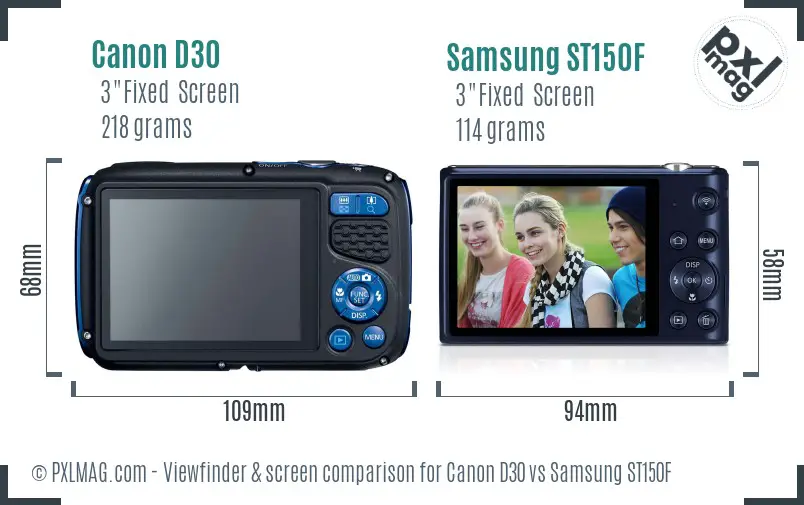 Canon D30 vs Samsung ST150F Screen and Viewfinder comparison