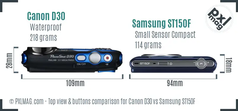 Canon D30 vs Samsung ST150F top view buttons comparison