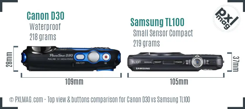 Canon D30 vs Samsung TL100 top view buttons comparison