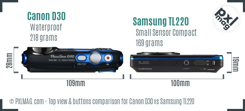 Canon D30 vs Samsung TL220 top view buttons comparison