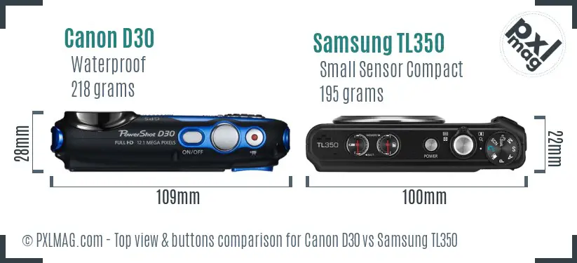 Canon D30 vs Samsung TL350 top view buttons comparison