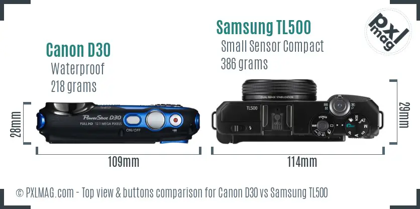 Canon D30 vs Samsung TL500 top view buttons comparison