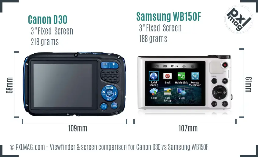 Canon D30 vs Samsung WB150F Screen and Viewfinder comparison