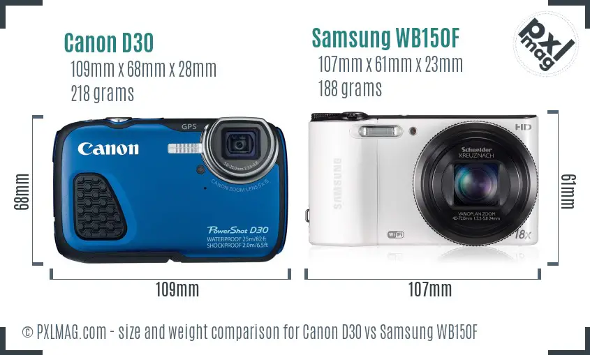 Canon D30 vs Samsung WB150F size comparison