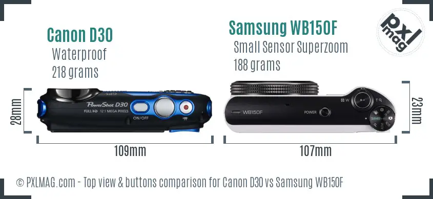 Canon D30 vs Samsung WB150F top view buttons comparison