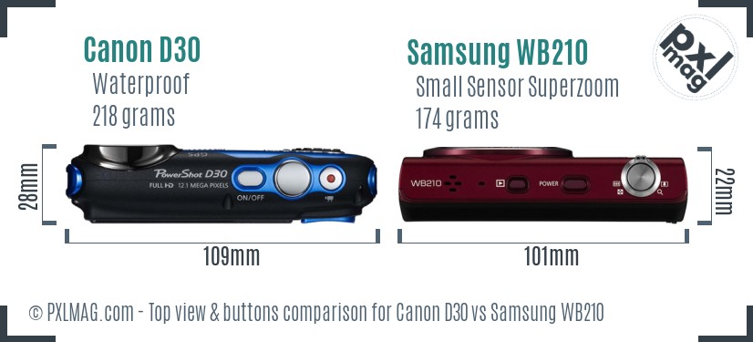 Canon D30 vs Samsung WB210 top view buttons comparison