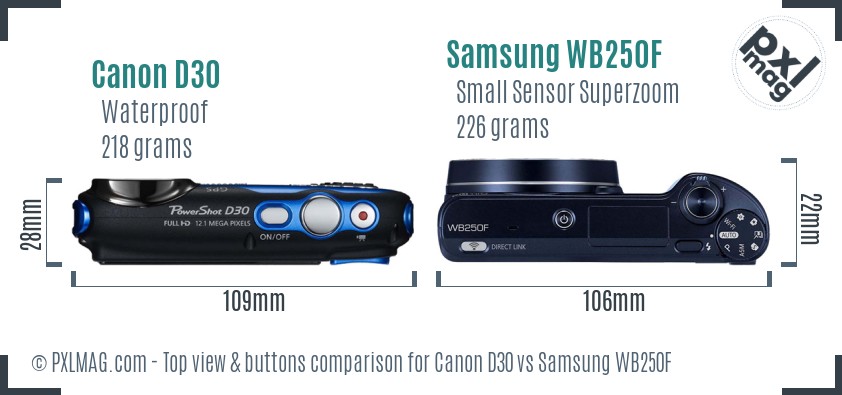 Canon D30 vs Samsung WB250F top view buttons comparison