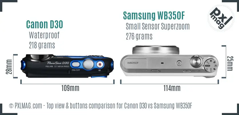 Canon D30 vs Samsung WB350F top view buttons comparison