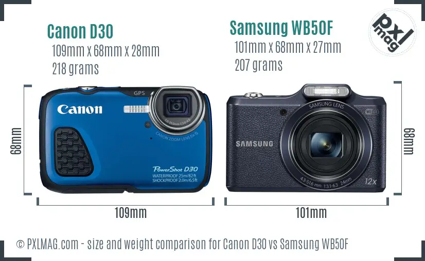 Canon D30 vs Samsung WB50F size comparison