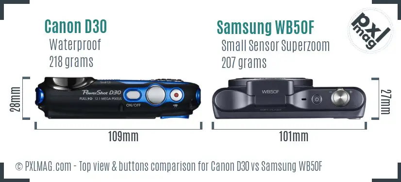 Canon D30 vs Samsung WB50F top view buttons comparison