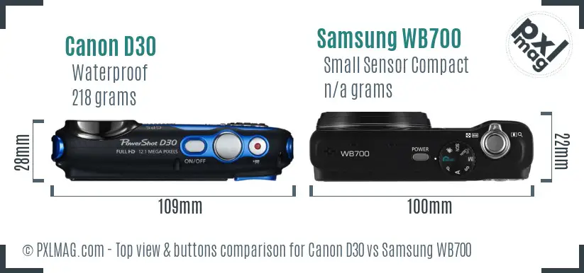 Canon D30 vs Samsung WB700 top view buttons comparison