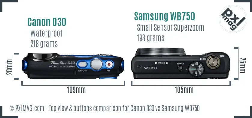 Canon D30 vs Samsung WB750 top view buttons comparison