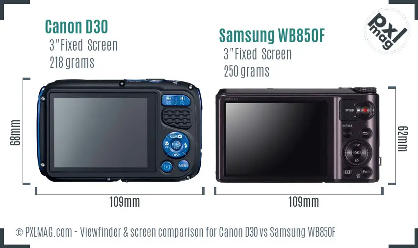 Canon D30 vs Samsung WB850F Screen and Viewfinder comparison
