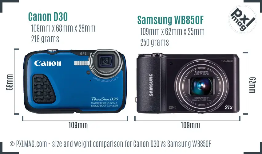 Canon D30 vs Samsung WB850F size comparison