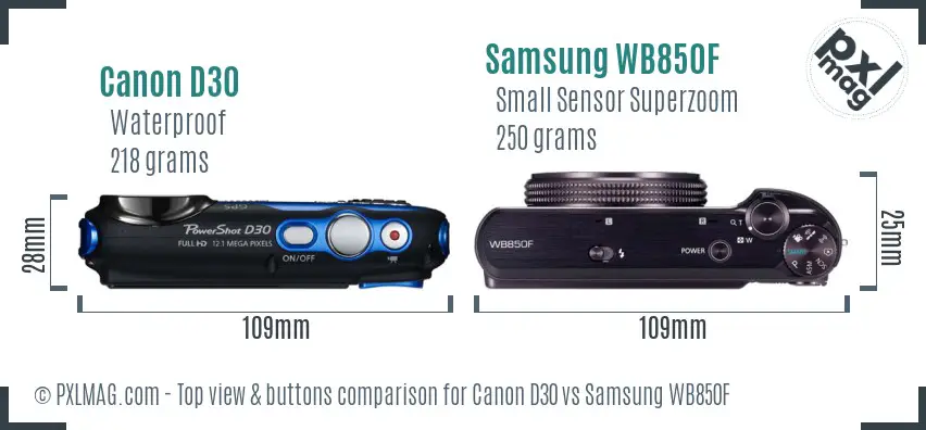 Canon D30 vs Samsung WB850F top view buttons comparison