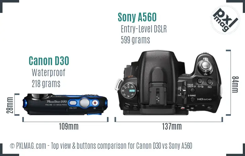 Canon D30 vs Sony A560 top view buttons comparison