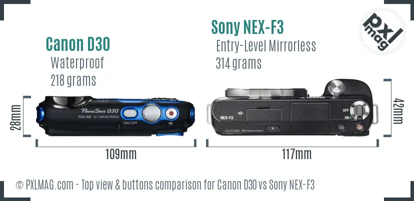 Canon D30 vs Sony NEX-F3 top view buttons comparison