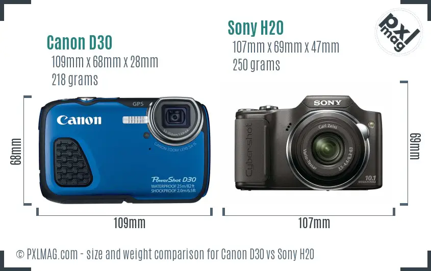 Canon D30 vs Sony H20 size comparison