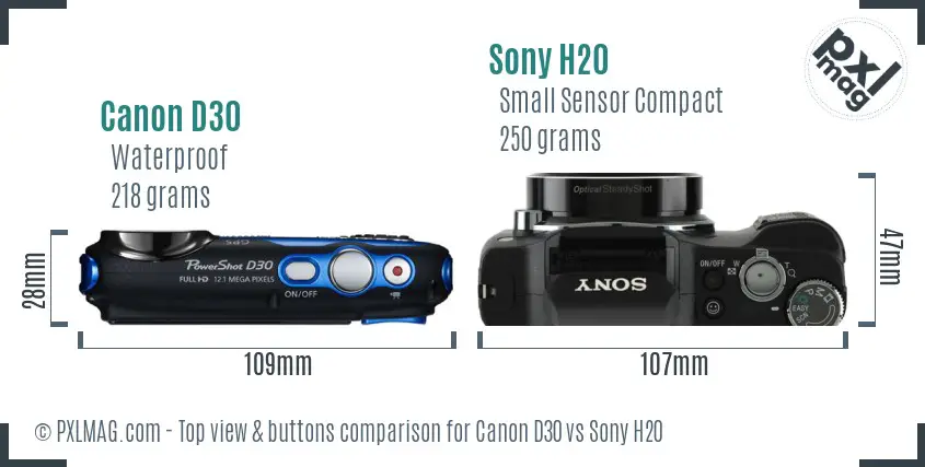 Canon D30 vs Sony H20 top view buttons comparison