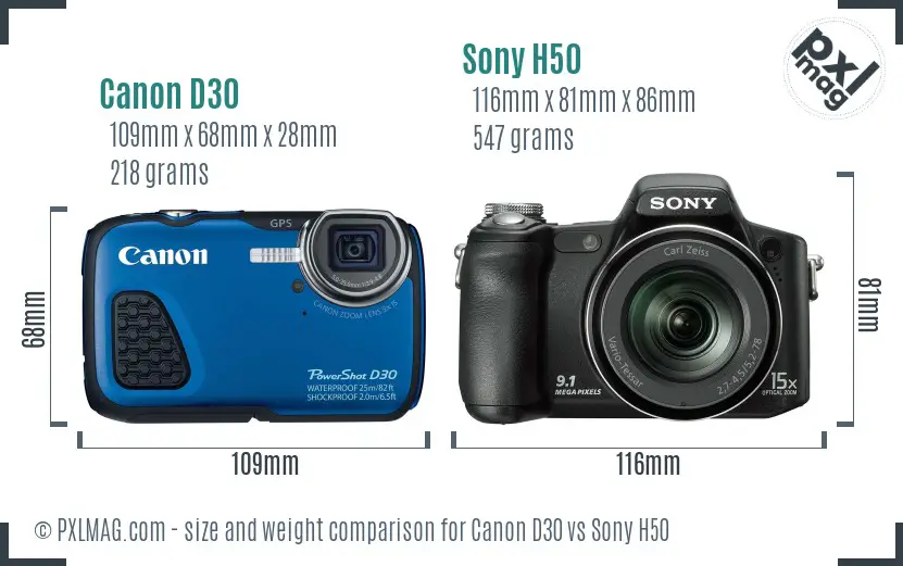 Canon D30 vs Sony H50 size comparison Canon D30 vs Sony H50 size comparison