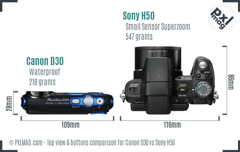 Canon D30 vs Sony H50 top view buttons comparison Canon D30 vs Sony H50 top view buttons comparison