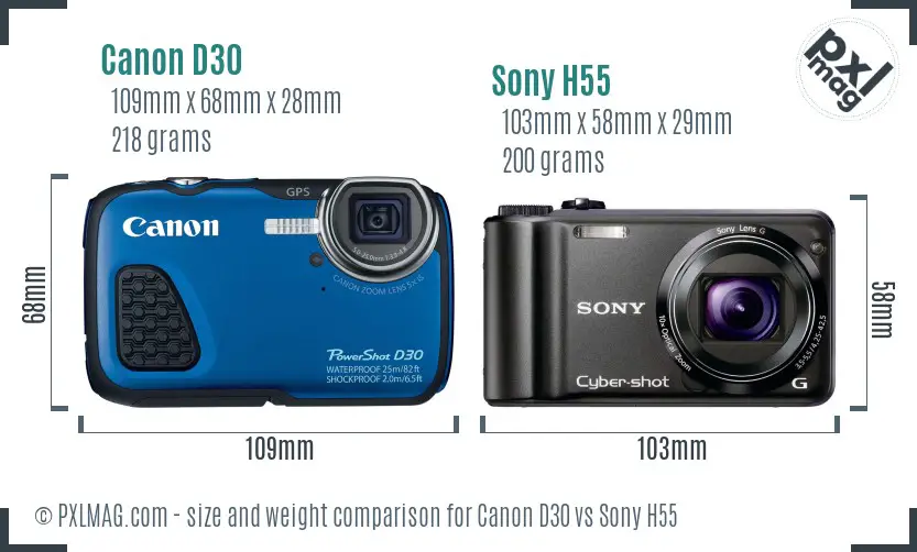 Canon D30 vs Sony H55 size comparison