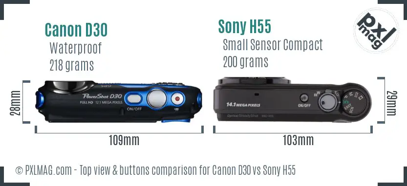 Canon D30 vs Sony H55 top view buttons comparison