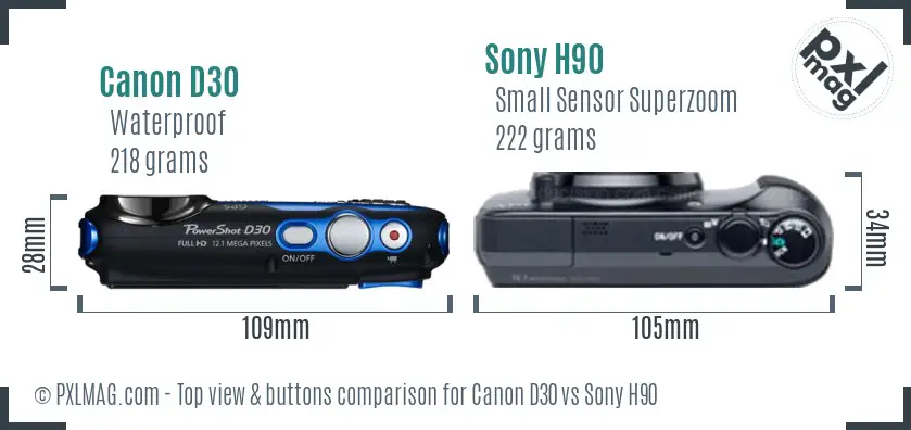 Canon D30 vs Sony H90 top view buttons comparison Canon D30 vs Sony H90 top view buttons comparison