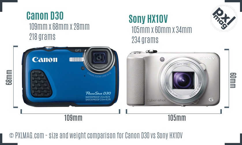 Canon D30 vs Sony HX10V size comparison
