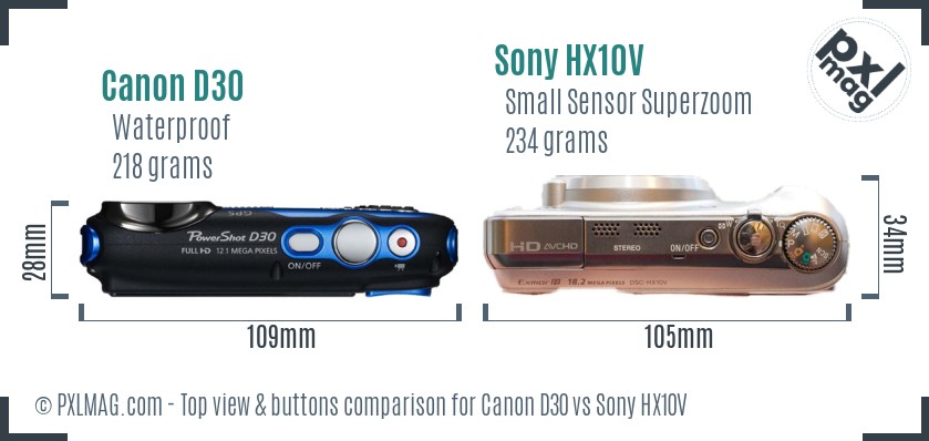 Canon D30 vs Sony HX10V top view buttons comparison