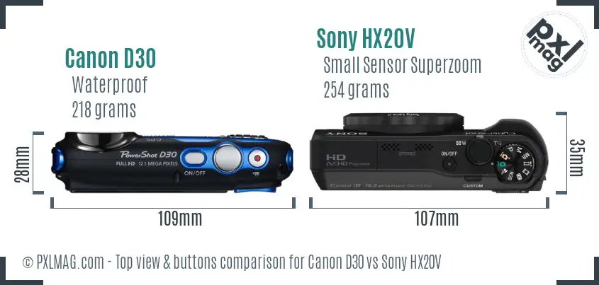 Canon D30 vs Sony HX20V top view buttons comparison Canon D30 vs Sony HX20V top view buttons comparison